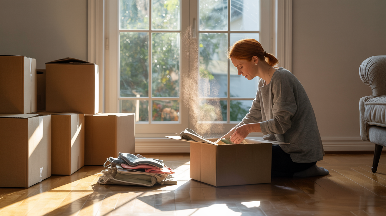 A professional Golden Logistics mover holding a box and smiling